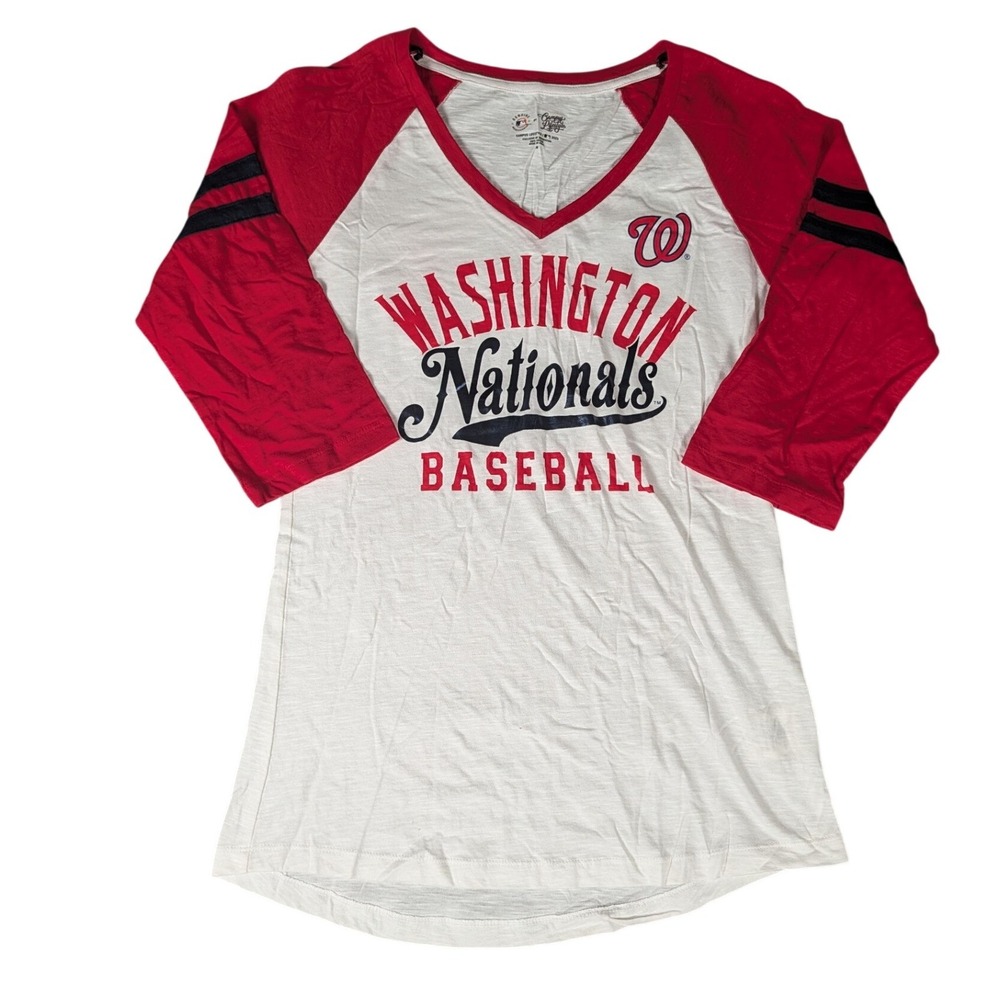 Campus Lifestyle Washington Nationals MLB Baseball Raglan V-Neck Tee Red White